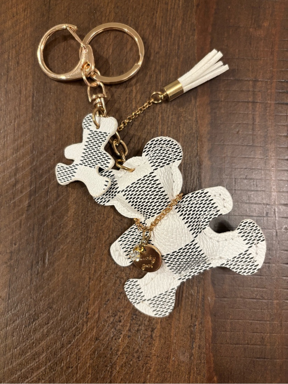New! Black & White Checkered Bear Faux Leather Tassel Keychain Bag Charm - Picture 2 of 3